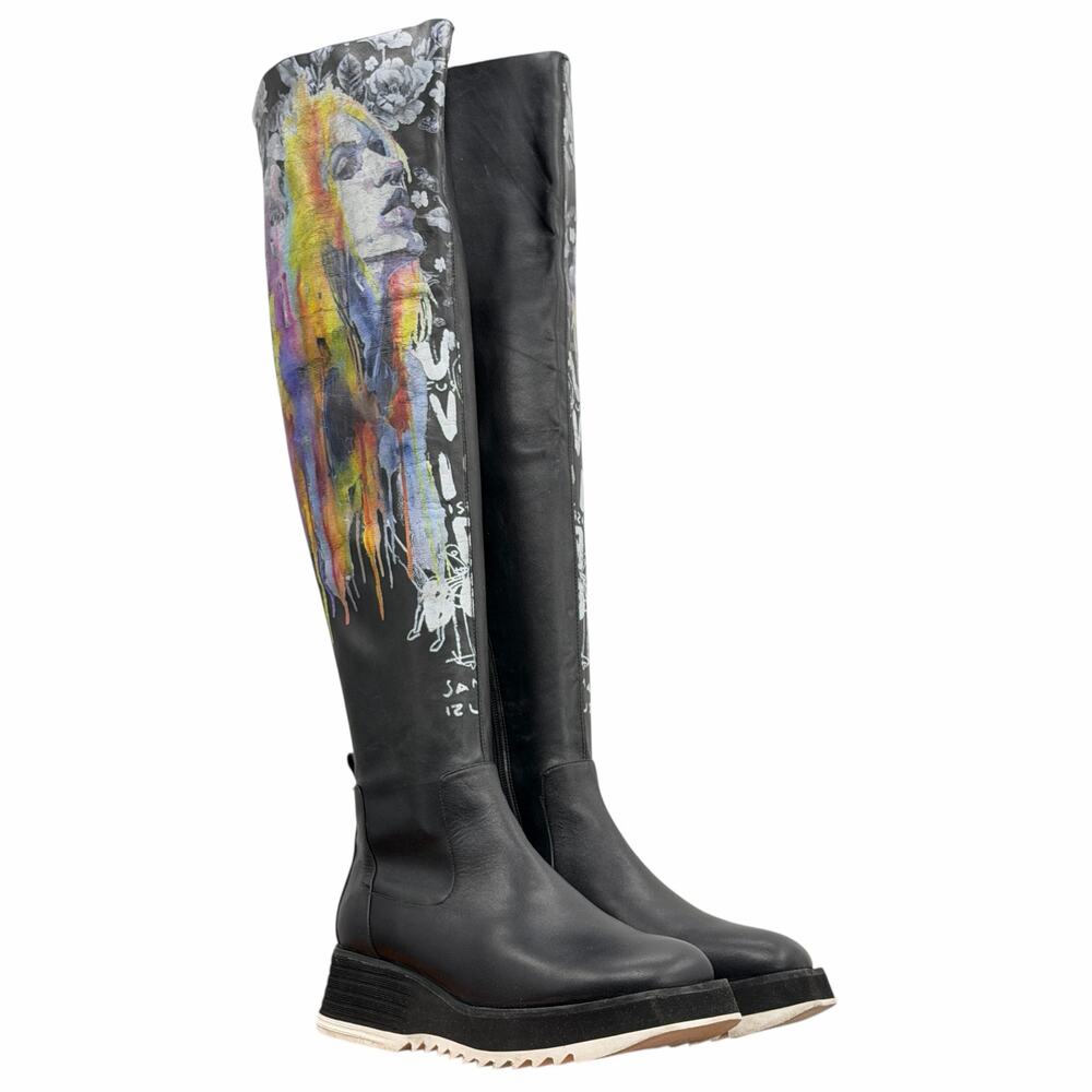 Roksolana Graphic Knee High Boots 40 Women Black Art to Wear Designer Punk Rock